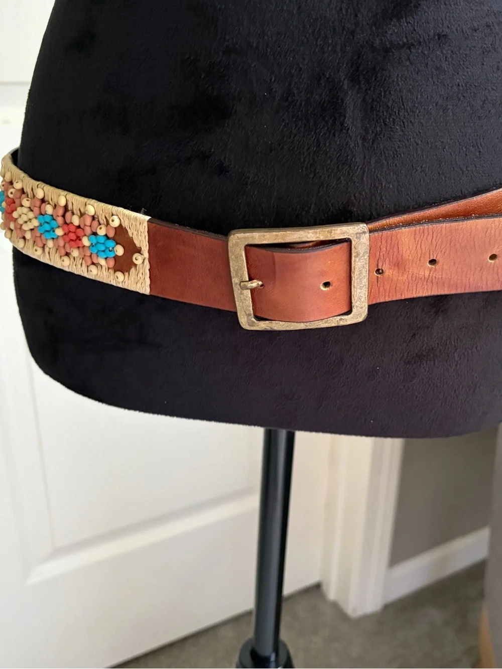 Handcrafted Brown Leather Belt with Turquoise & Coral Bead Accent